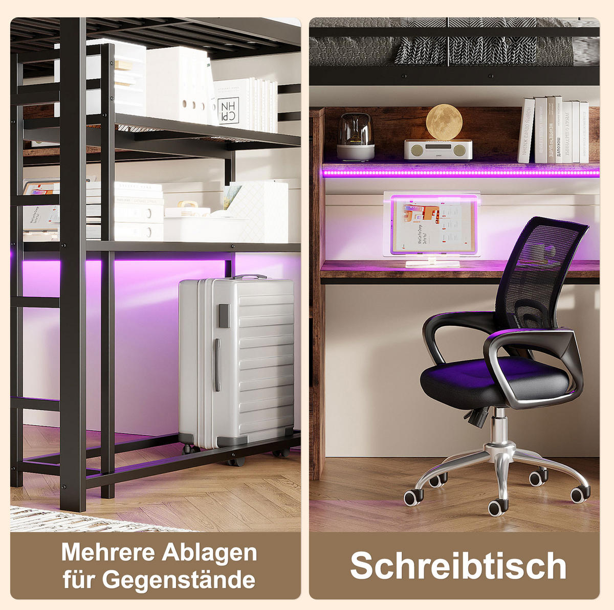HOCHBETT 140/200 cm aus Metall und MDF mit Schreibtisch und LED-Beleuchtung Schwarz - Schwarz, Holzwerkstoff (140/200cm) - Modenvie