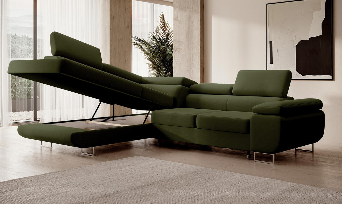 ECKSOFA Stevil Olivgrün Velours - Silberfarben/Olivgrün, Textil/Metall (275/203cm) - Selsey