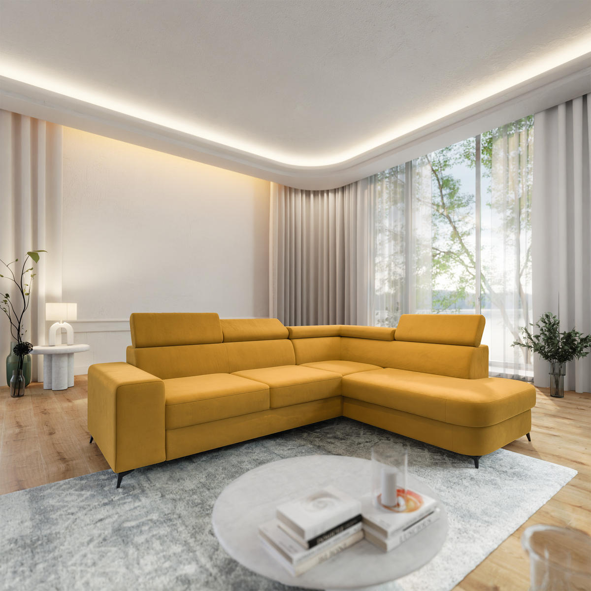 ECKSOFA ALVORO R-S Gelb Velours-Stoff mit Schlaffunktion - Gelb, Holz (253/190cm) - MASSENO