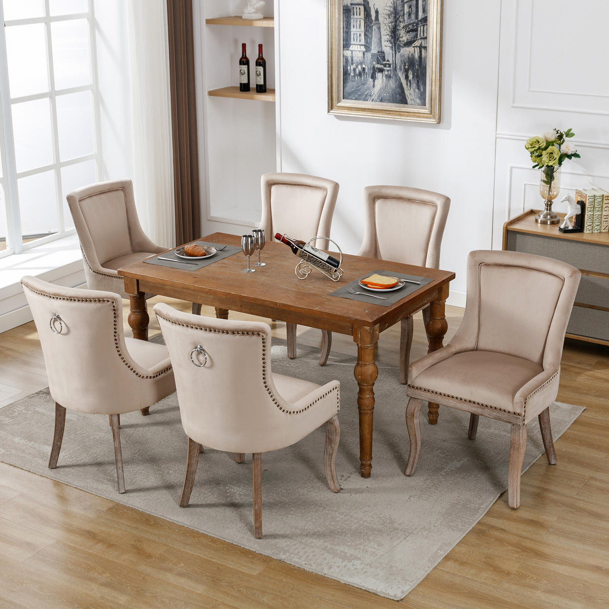 STUHL-SET DE-35921 6 Stück mit Nagelkopfbesatz Beige - Beige, Holz (61/91/55cm) - ComfortXL