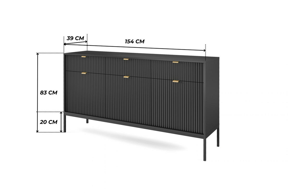 SCHWARZE Moderne Geriffelte Kommode KIOTO K3D3SZ (Schwarzes Gestell, Soft-Close Türen) - Goldfarben/Schwarz, Holz/Holzwerkstoff (154/83/39cm) - Ravio