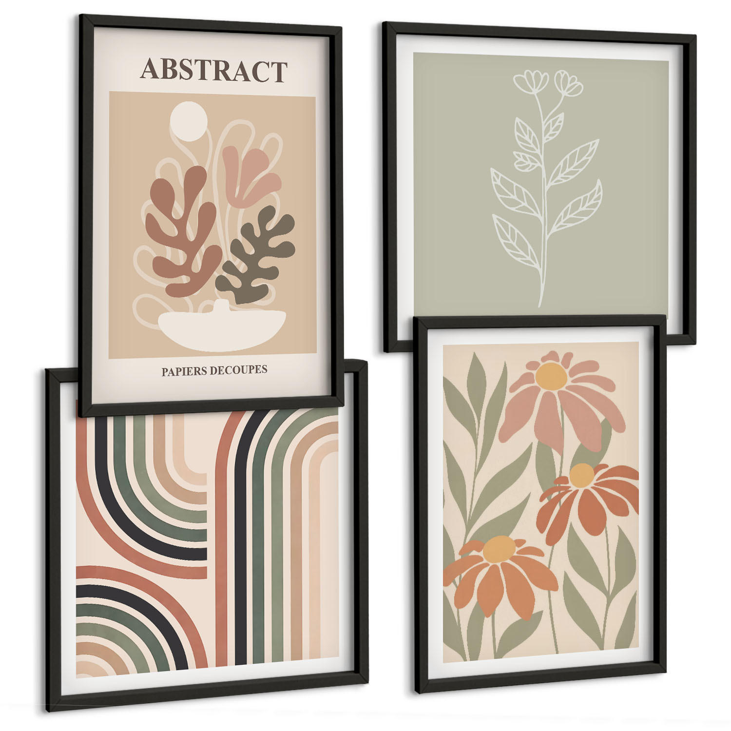 BILDER SET 4er Set - 50x50 cm & 40x60 cm Schwarzer Rahmen - Abstrakte Pastellpflanzen - Schwarz, Kunststoff (50/50cm) - TULUP