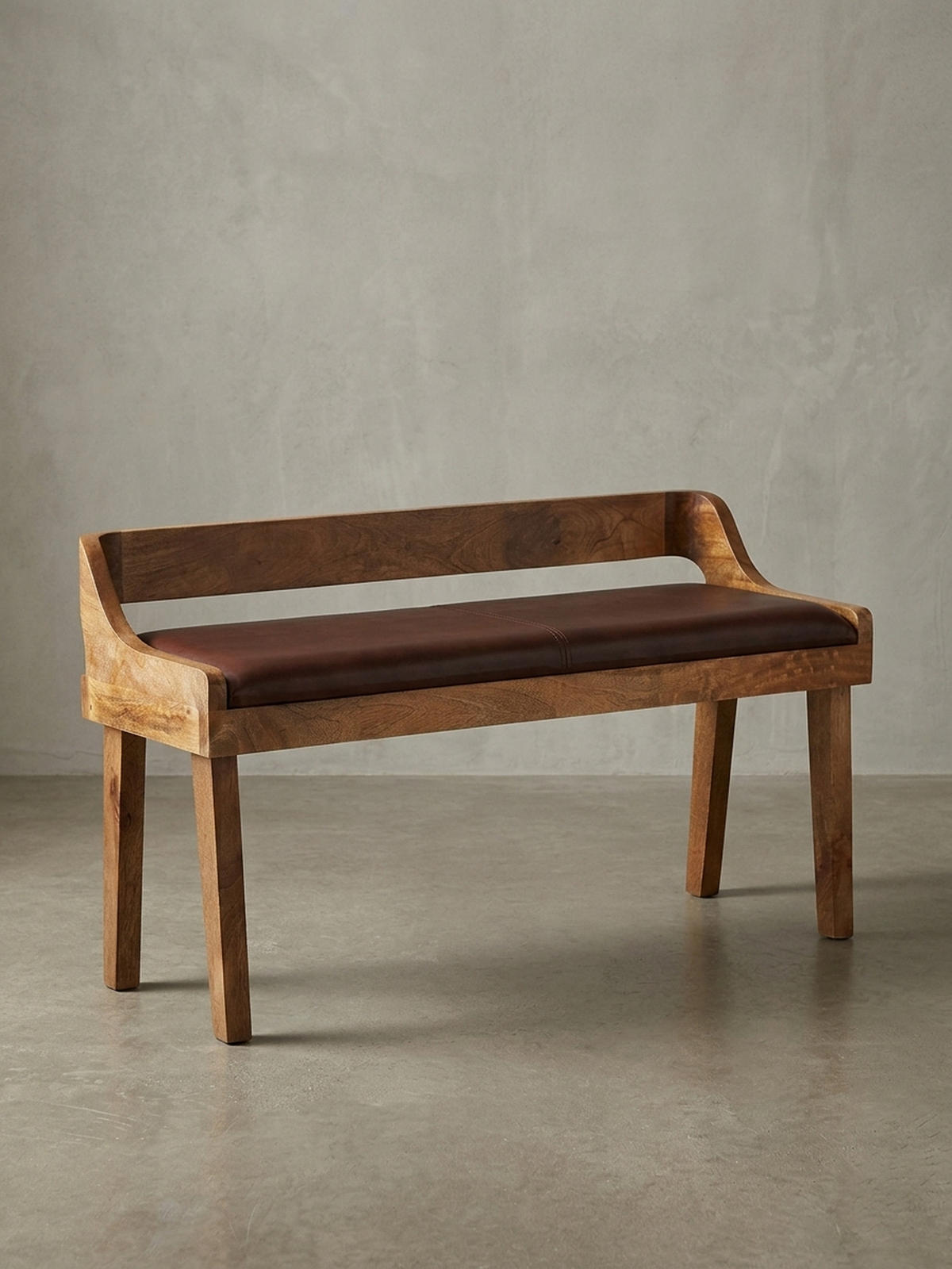 SITZBANK – Echtleder, 108 cm, mit Rückenlehne, Beine Massivholz - Braun, Mangoholz/Leder (108/63/43cm) - KADIMA DESIGN