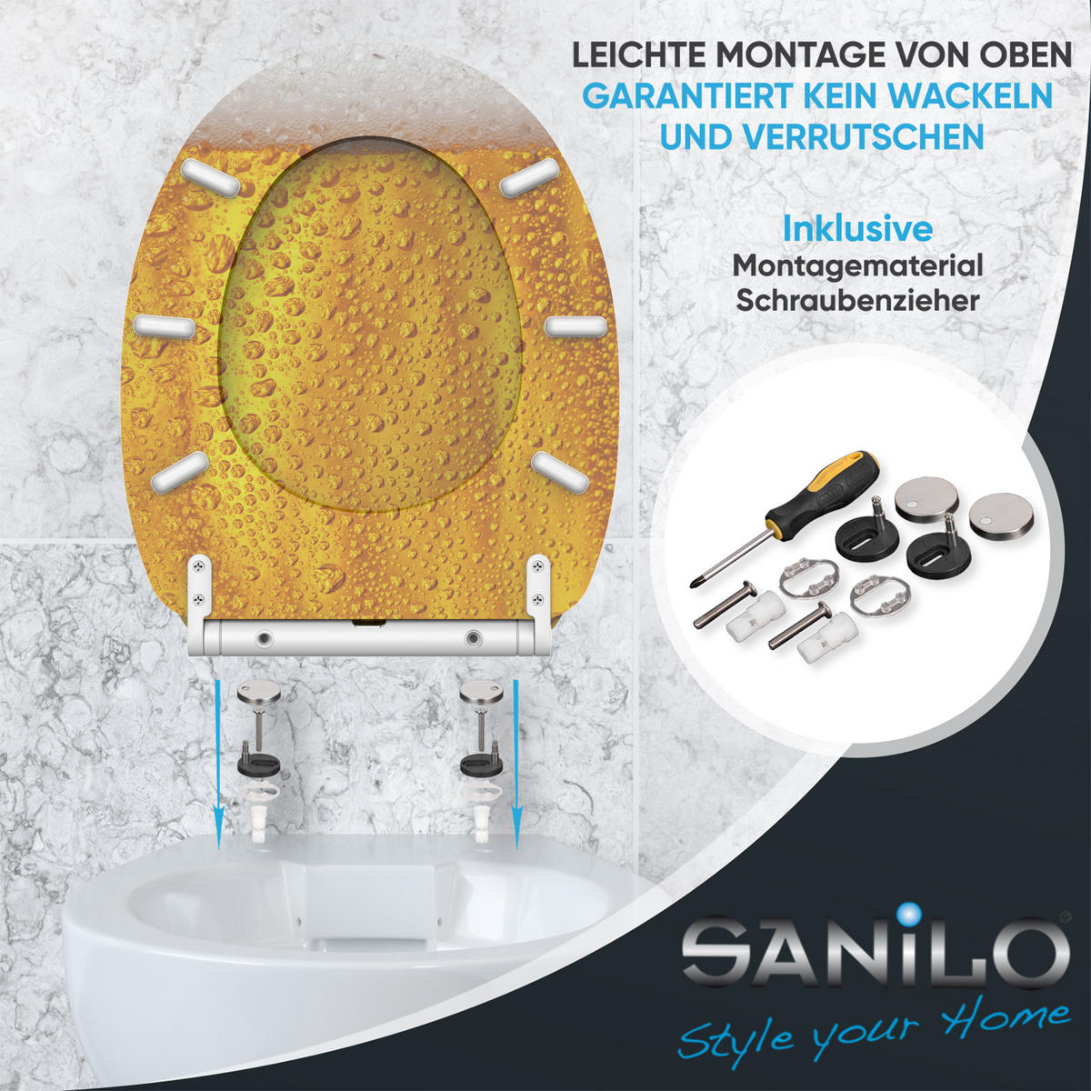 WC-SITZ mit Absenkautomatik & Top Fix Bier - Gelb, Holzwerkstoff (37.7/5.5/48cm) - Sanilo
