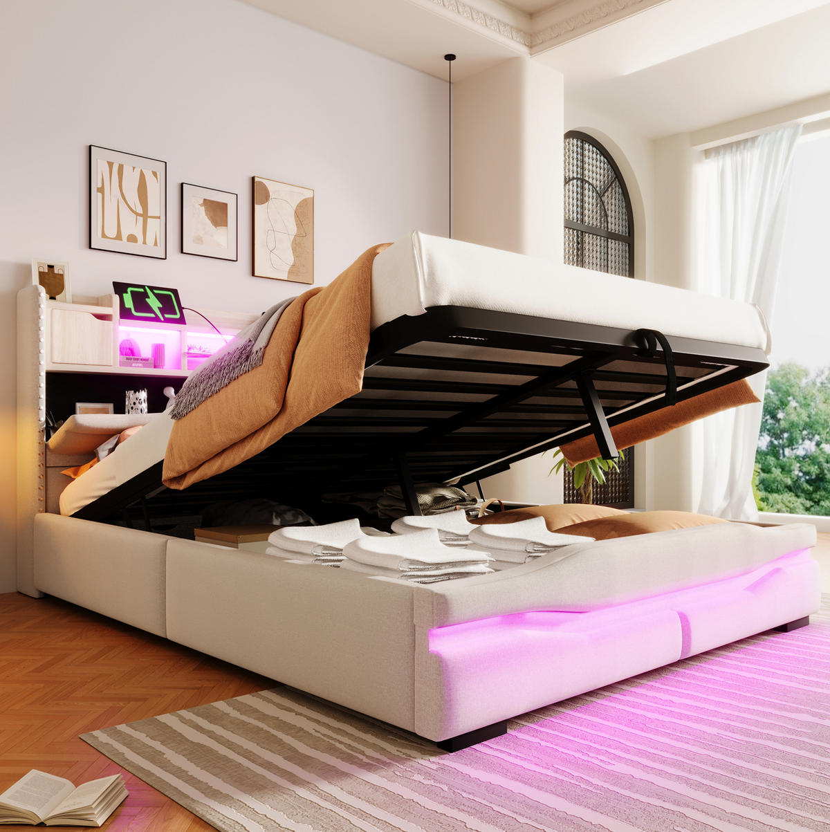 POLSTERBETT 140/200 cm Beige mit Stauraum, LED-Beleuchtung und USB- und Type-C-Anschlüssen - Beige, Textil (140/200cm) - Flora Grace