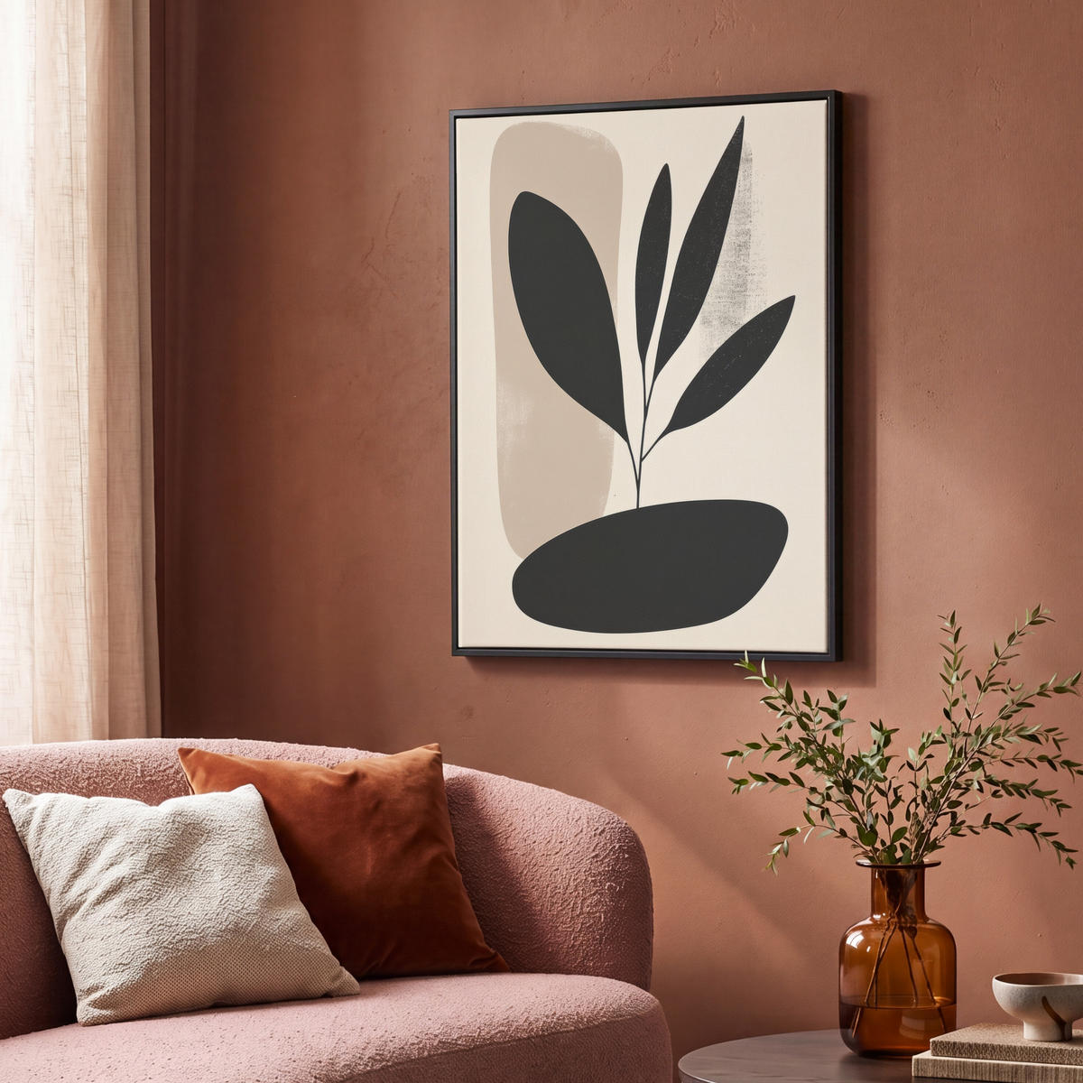 LEINWAND Bilder mit Rahmen - Pflanze - Beige - Japanisch - 70x100 - Schwarz, Textil (70/100cm) - MuchoWow
