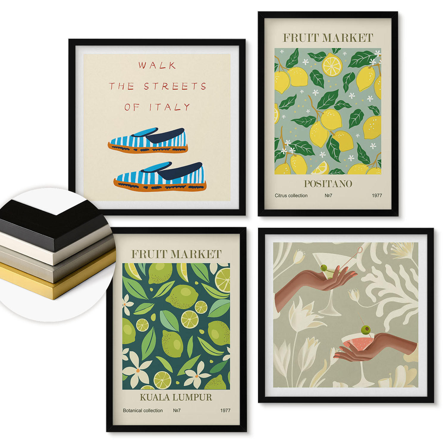 WANDBILDER 4er-Set - 50x50 cm & 40x60 cm Schwarzer Rahmen - Italienische Poster mit Fruchtmotiven - Schwarz, Kunststoff (50/50cm) - ArtPrintCave