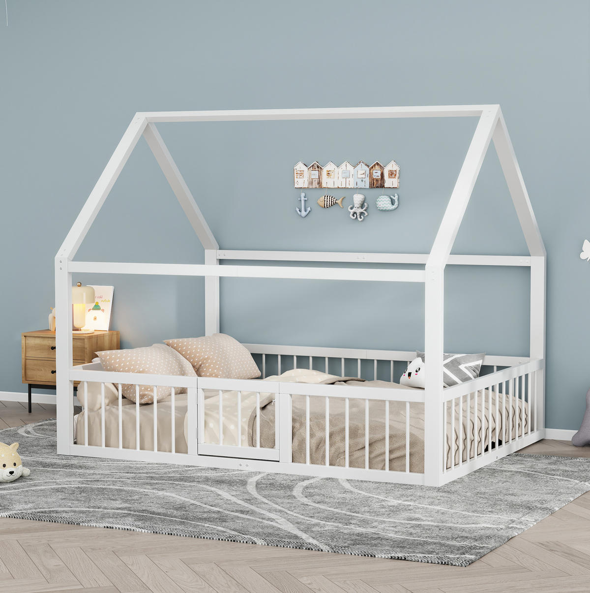 METALLBETT 140/200 cm in Weiß – Kinderbett mit Dachdesign und Sicherheitsgitter - Weiß, Metall (140/200cm) - BEAOK