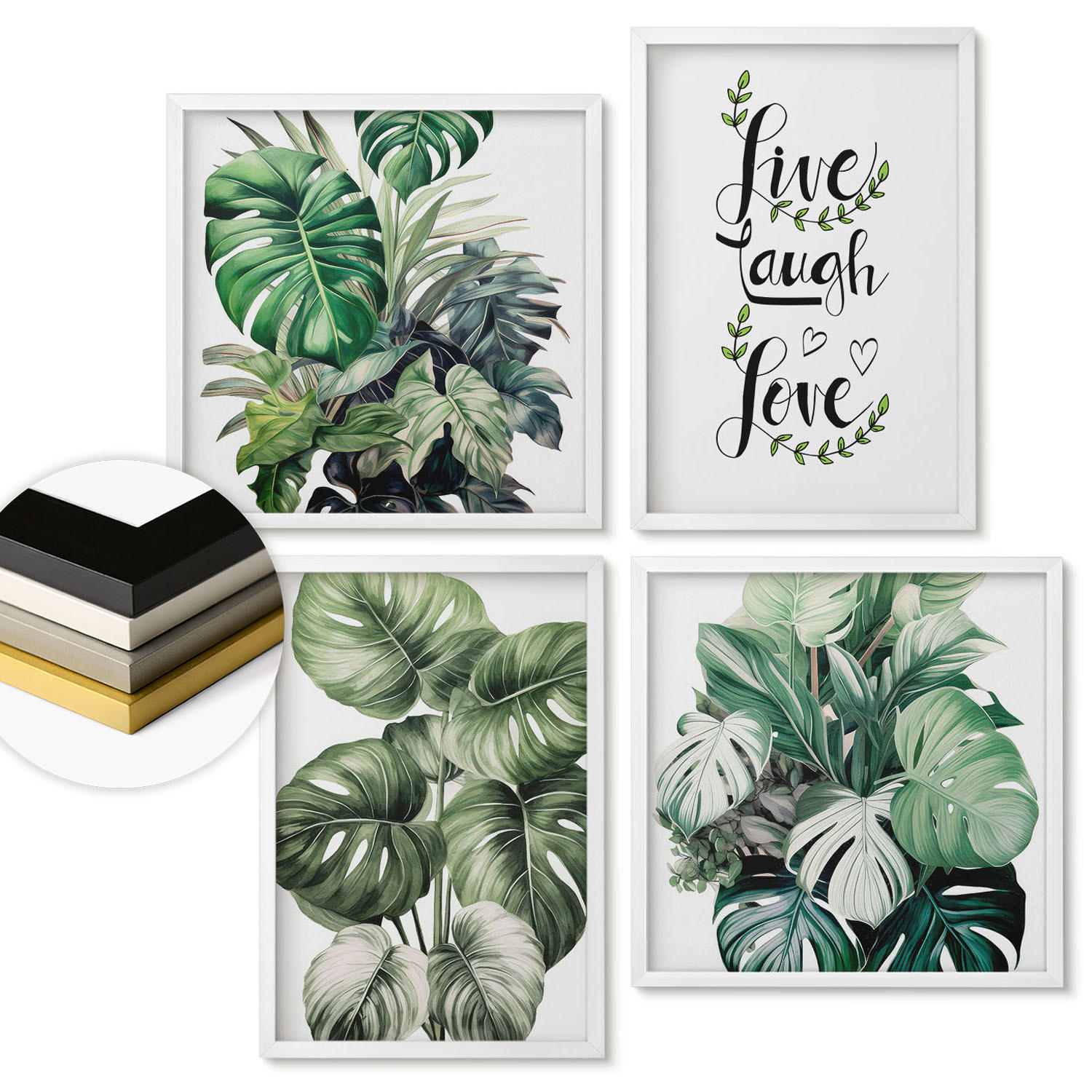 WANDBILDER 4er-Set - 50x50 cm & 40x60 cm Weißer Rahmen - Blattpflanzen leben, lachen, lieben - Weiß, Kunststoff (50/50cm) - ArtPrintCave