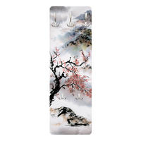 WANDGARDEROBE - Japanische Aquarell Zeichnung Kirschbaum und Berge 34/105 cm - Grau, Holzwerkstoff (34/105/1.6cm) - Bilderwelten