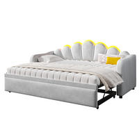 DENNÁ posteľ 90/200 cm sivá s výsuvným lôžkom a LED osvetlením z MDF, preglejky a zamatu - sivá, textil (90/200cm) - OKWISH