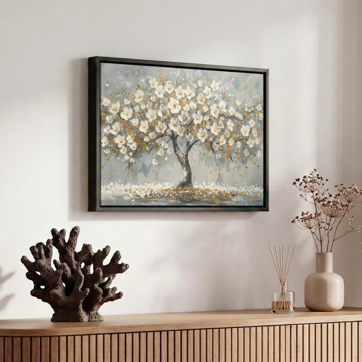 LEINWAND Bilder mit Rahmen - Baum - Blumen - Weiß - Natur - Kunst - 30x20 - Weiß, Textil (30/20cm) - MuchoWow