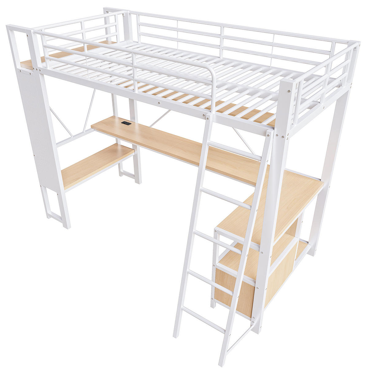 HOCHBETT 90/200 cm in Weiß mit Schreibtisch, LED-Beleuchtung und Stauraum - Weiß, Metall (90/200cm) - Flora Grace