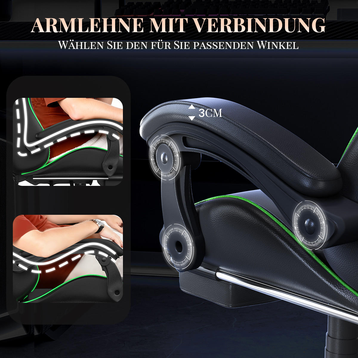 GAMINGSTUHL Schwarz-Grün,mit Massage,Fußstütze, Ergonomisch, Verstellbar - Grün, Metall (26/59/77cm) - Rattrix
