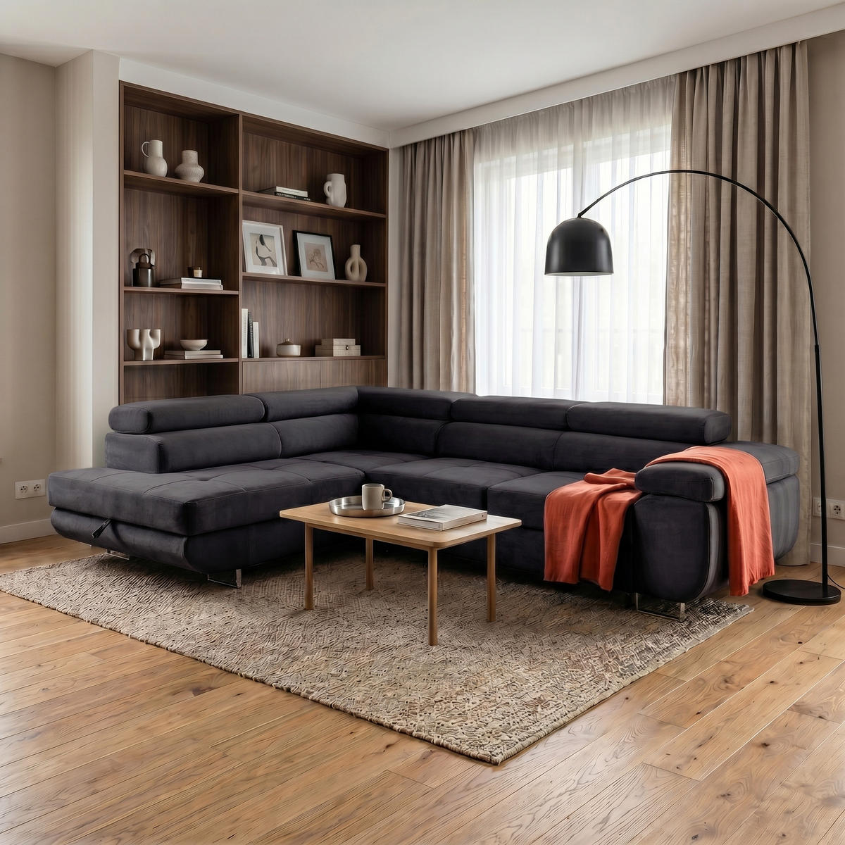 ECKSOFA WILD L Links mit Schlaffunktion 127x195 Velours Dunkelgrau - Chromfarben/Dunkelgrau, Holz/Textil (203/274cm) - Muffo