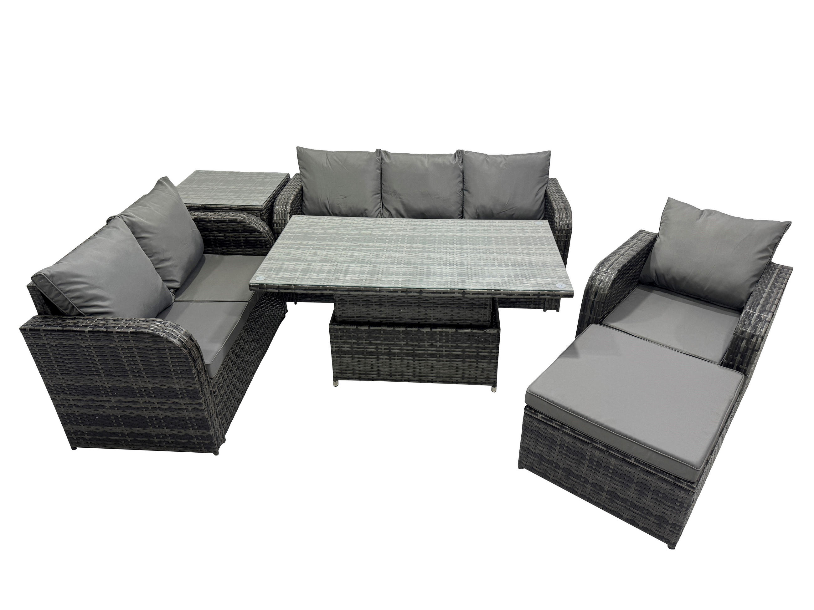 GARTENMÖBEL SET mit Höhenverstellbarer Esstisch 3-Sitzer Sofa, Stuhl 6-Sitzer Grau - Dunkelgrau/Grau, Glas/Kunststoff - Fimous