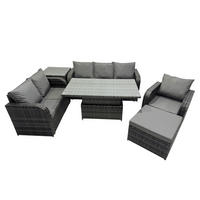 GARTENMÖBEL SET mit Höhenverstellbarer Esstisch 3-Sitzer Sofa, Stuhl 6-Sitzer Grau - Dunkelgrau/Grau, Glas/Kunststoff - Fimous