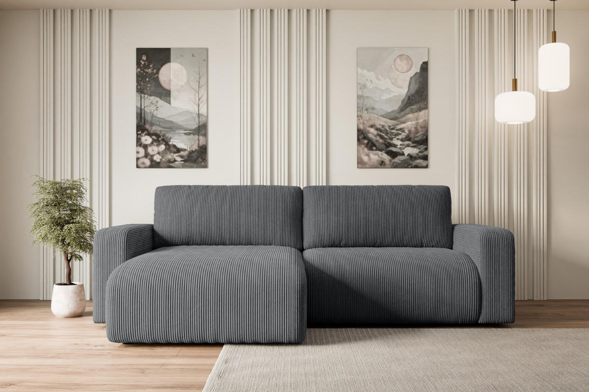 ECKSOFA mit Schlaffunktion und Bettkasten KLEEA-L - 247x143x83 cm Dunkelgrau Cord - Dunkelgrau/Schwarz, Holzwerkstoff/Kunststoff (247/143cm) - ALTDECOR