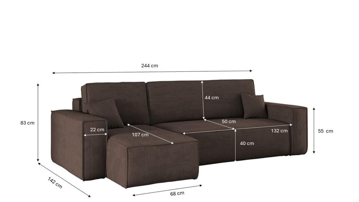 ECKSOFA Mit Schlaffunktion Und Bettkasten BEST Stoff Poso Dicker Cord Braun Links - Braun, Holz/Textil (142/244cm) - Kaiser Möbel