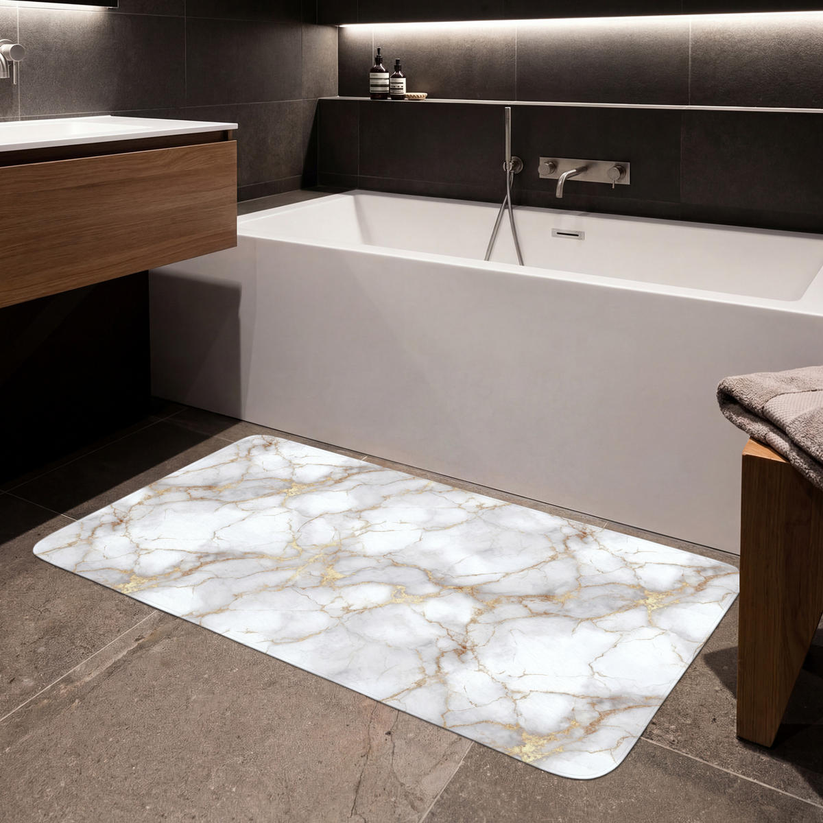 KÚPEĽŇOVÁ PREDLOŽKA Biela - zlatá - mramorová - sivá 120x60 cm - biela, textil/plast (120/60cm) - OnlyWow