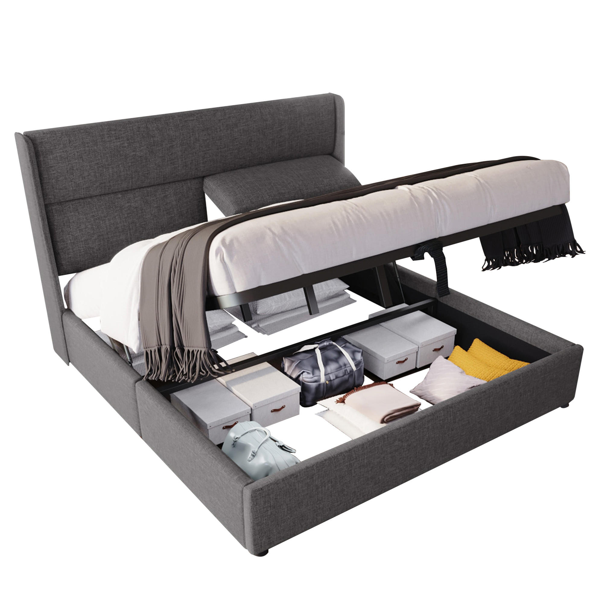 POLSTERBETT 160/200 cm Grau aus Leinen mit Stauraum - Grau, Textil (160/200cm) - OKMYHOME