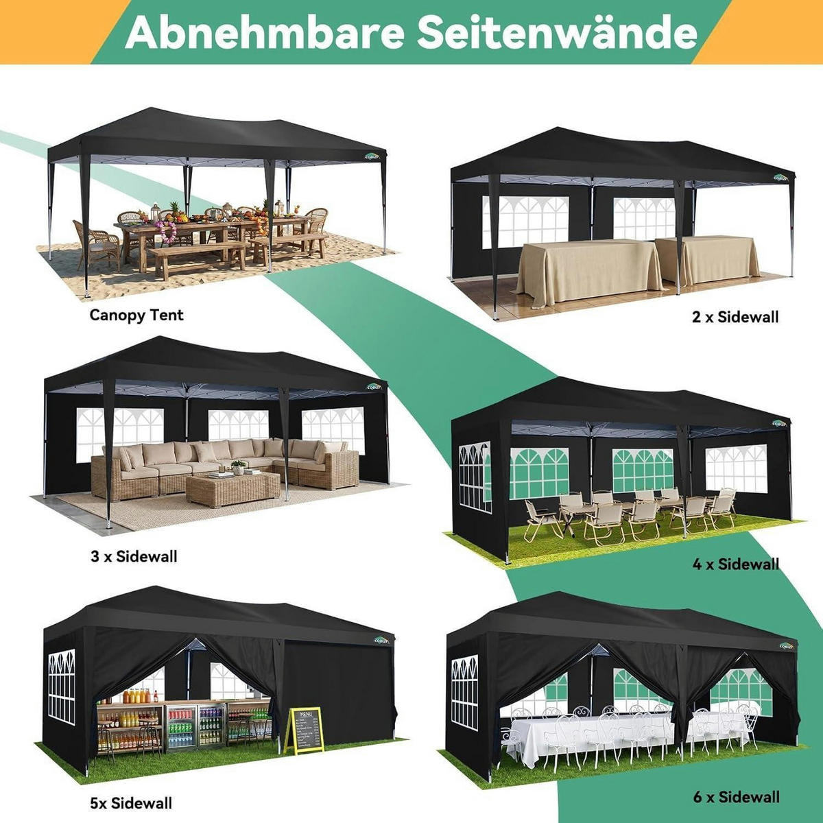 FALTPAVILLON 3x6m Wasserdicht und stabil, winterfest mit 6 Seitenwänden Schwarz - Schwarz, Textil (300/275/600cm)