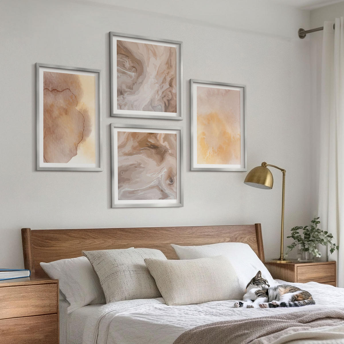 BILDER SET 4er Set - 50x50 cm & 40x60 cm Silberner Rahmen - Warme Aquarellfarben auf Leinwand - Silberfarben, Kunststoff (50/50cm) - TULUP