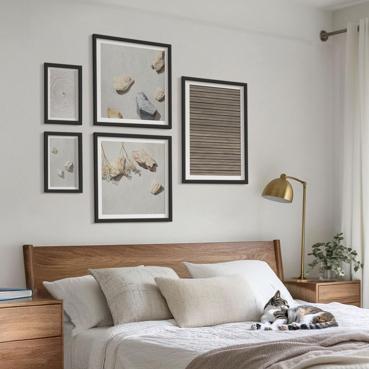 WANDBILDER 5er-Set - 50x50 cm & 20x30 cm & 40x60 cm Schwarzer Rahmen - Natürliche Texturen Holz Steine - Schwarz, Kunststoff (40/60cm) - ArtPrintCave