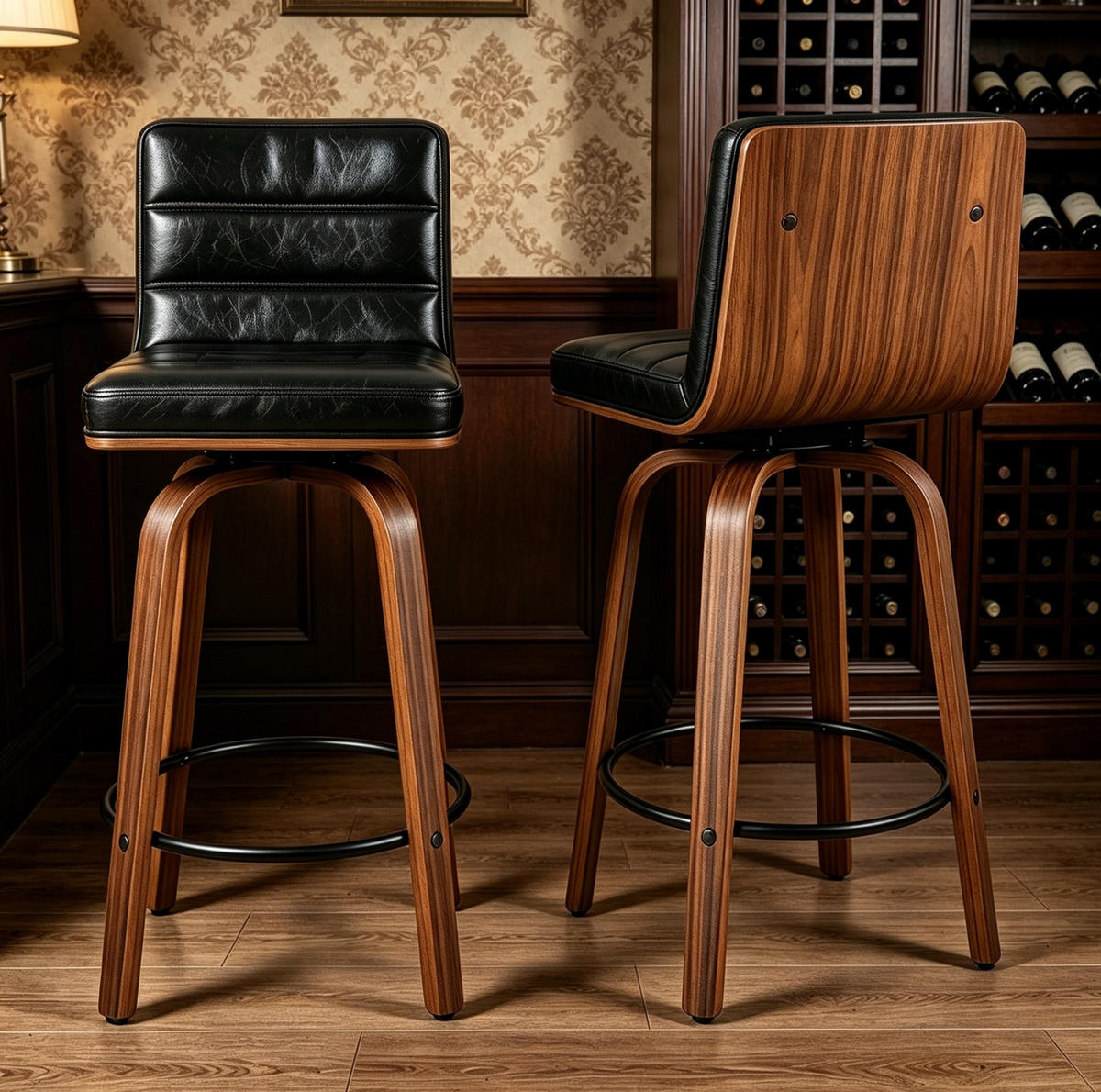 BARHOCKER mit PU-Lederpolsterung, Drehfunktion und Fußring - Schwarz, Holz (48/90/40cm) - MIVRAY