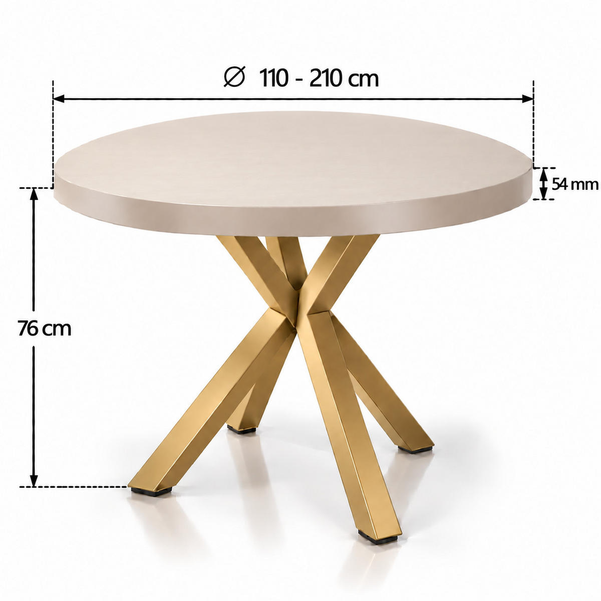 ESSTISCH rund ausziehbar 110/210/76 cm, Kaschmir, 54 cm Tischplatte + X Metallbeine Gold - Kaschmir/Goldfarben, Holzwerkstoff/Metall (110/210/76cm) - Damale Möbel