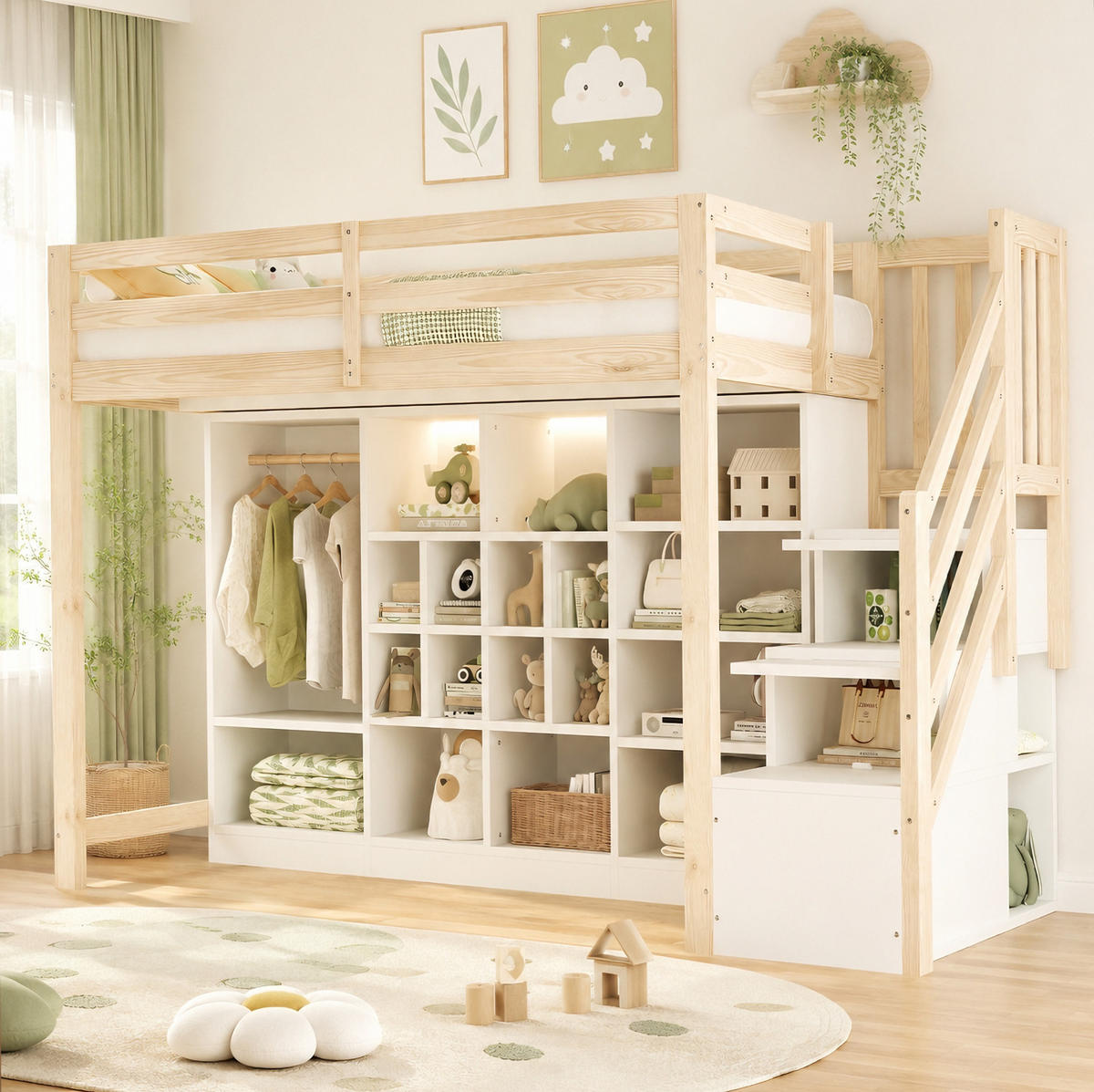 HOCHBETT 90/200 cm Weiß/Holzfarbe mit LED und Lattenrost - Naturfarben, Holz (90/200cm) - MIVRAY