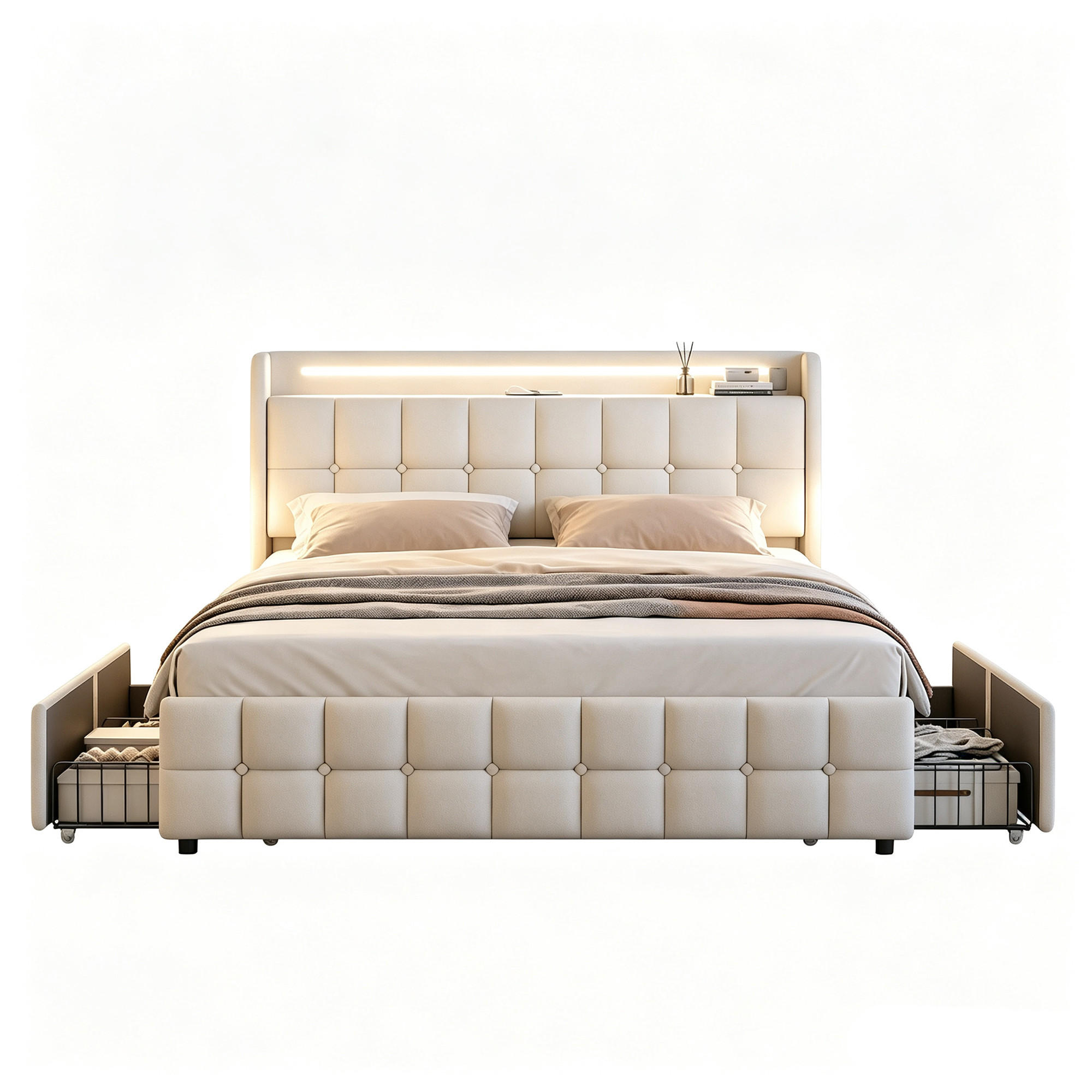 POLSTERBETT 140x200 mit Stauraum, Bettgestell 140x200 mit 4 Schubladen, Kopfteil mit USB und LED, Lattenrost, Bezug aus Leinen, Beige - Beige, Holz/Holzwerkstoff (140/200cm) - GENKI LIVING
