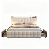 POLSTERBETT 140x200 mit Stauraum, Bettgestell 140x200 mit 4 Schubladen, Kopfteil mit USB und LED, Lattenrost, Bezug aus Leinen, Beige - Beige, Holz/Holzwerkstoff (140/200cm) - GENKI LIVING