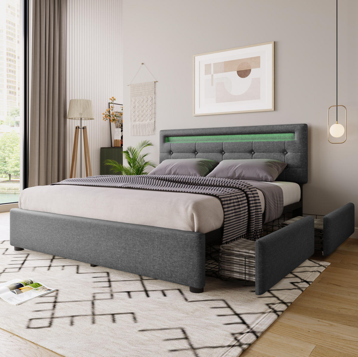 ČALOUNĚNÁ postel 140/200 cm šedá ze lnu s LED osvětlením a 4 zásuvkami - šedá, textil (140/200cm) - OKWISH