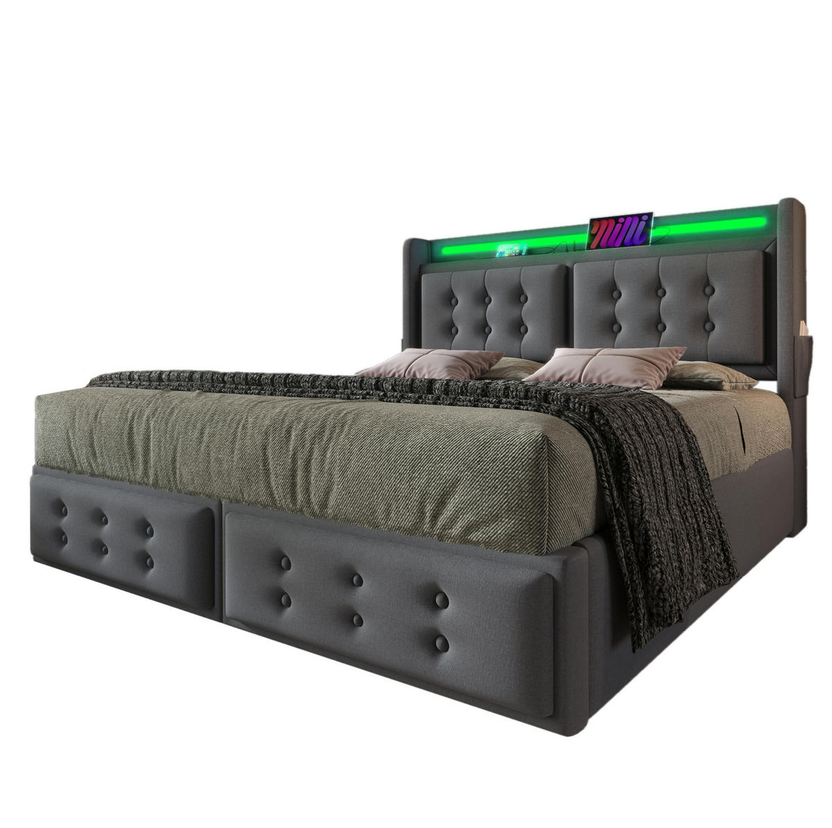 POLSTERBETT mit LED-Beleuchtung 180/200 cm mit Bettkasten, USB-C und Kopfteil - Grau, Textil (180/200cm) - BEAOK
