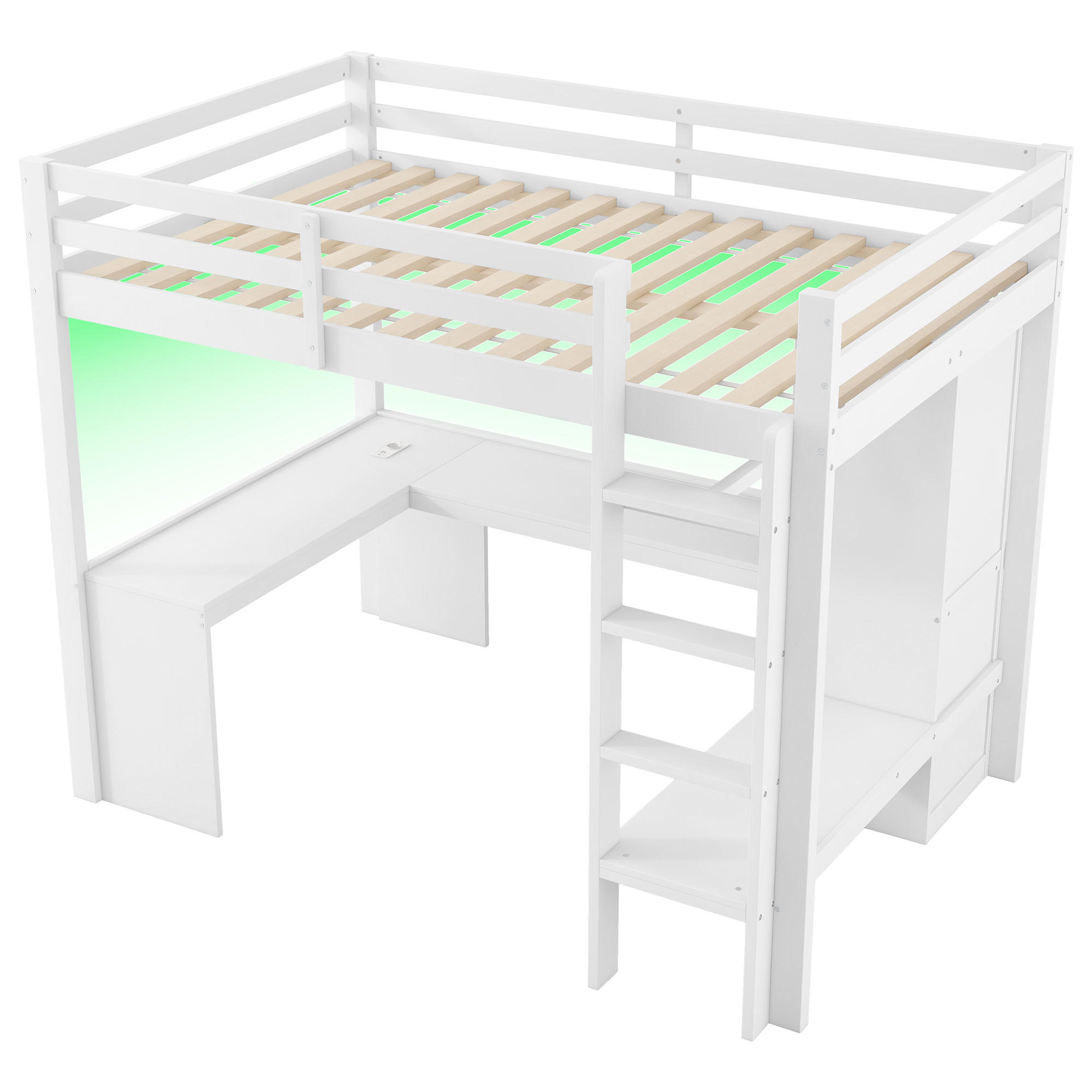 HOCHBETT 140/200 cm DE-03342, mit Schreibtisch, Multifunktionsregalen, LED und Kleiderschrank, in Weiß - Weiß, Holz/Holzwerkstoff (140/200cm) - ComfortXL