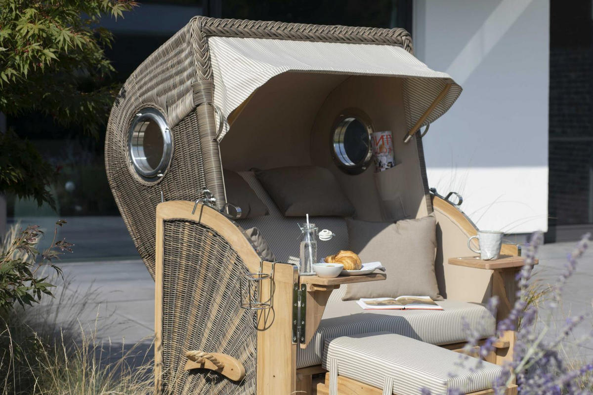 STRANDKORB Düne 2 Sitzer Teak PE Grey - Braun/Grau, Holz/Metall (125/170/80cm) - Mr. Deko