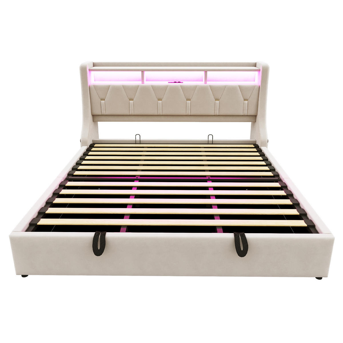 POLSTERBETT 90/180x190 cm aus Flanell mit LED, Steckdosen und Ablagefächern Hellgrau - Hellgrau, Textil (90/190cm) - Modenvie