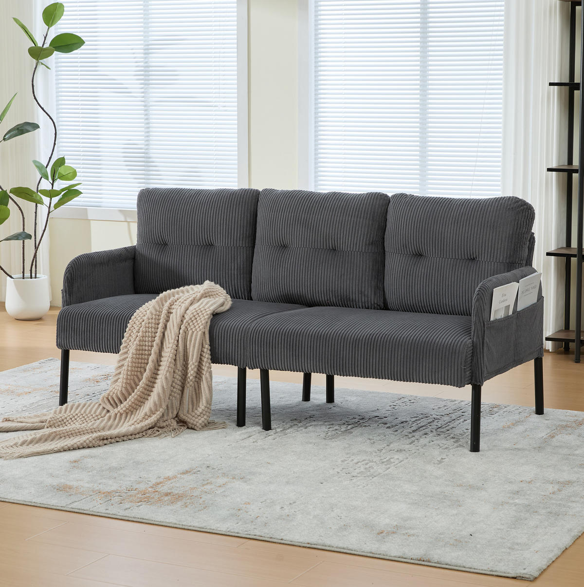 SOFA Dreisitzer mit Seitentasche 171 x 72 x 80 cm Cord Gray - Grau, Kunststoff (171/80/72cm) - Meubliv