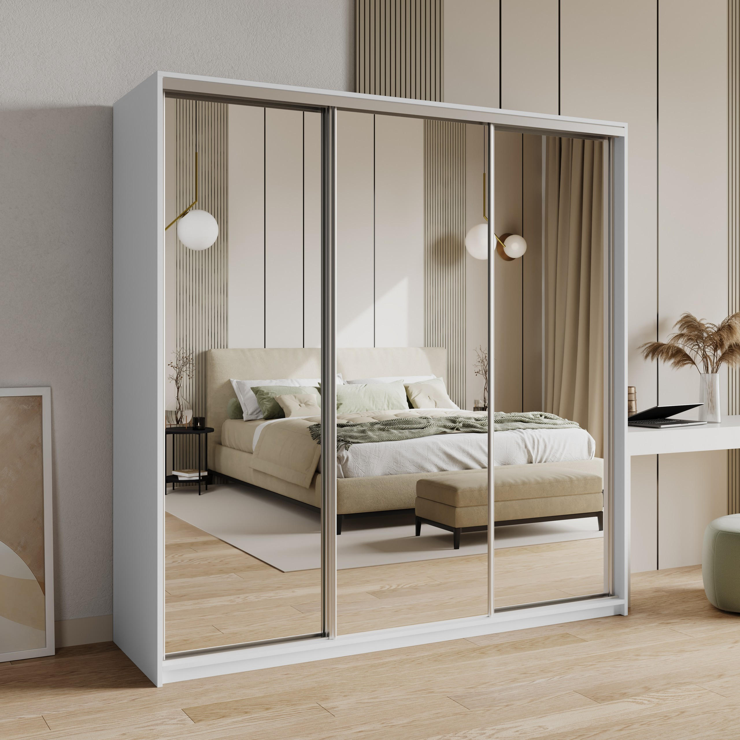 SCHWEBETÜRENSCHRANK RIEN 200/205/60 cm 3-türig mit Spiegel Weiß - Weiß, Holzwerkstoff (200/205/60cm) - MASSENO