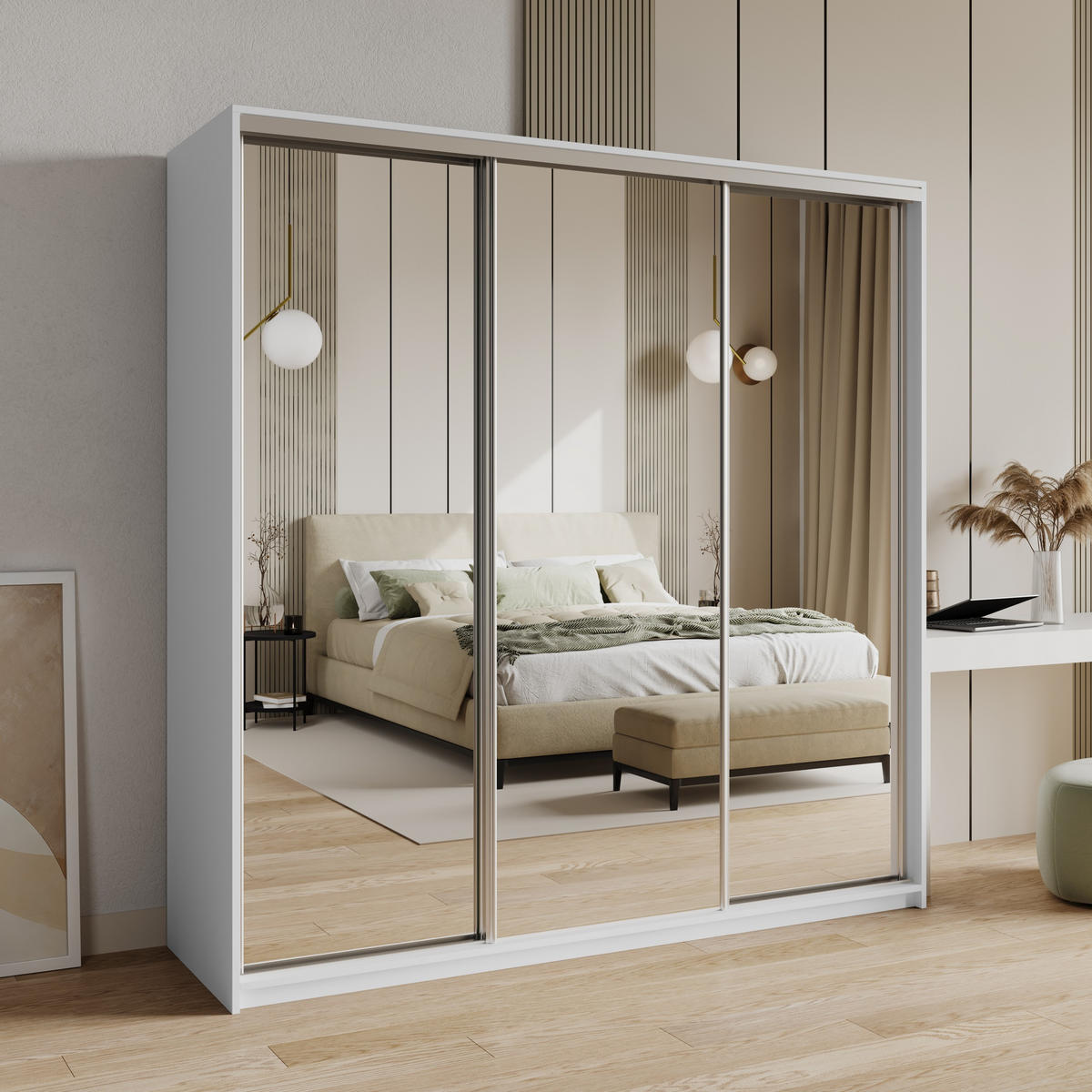 SCHWEBETÜRENSCHRANK RIEN 180/205/60 cm 3-türig mit Spiegel und Schubladen Weiß - Weiß/Nickelfarben, Holzwerkstoff (180/205/60cm) - MASSENO