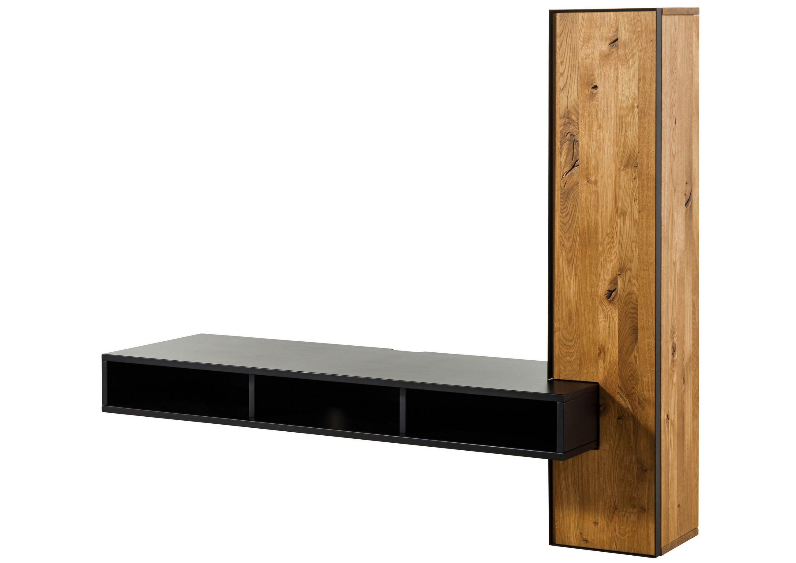WOHNWAND schwebend Wildeiche 161x49x140 natur geölt / schwarz lackiert STARNBERG #08 - Naturfarben, Holz (161/140/49cm) - Massivmoebel24