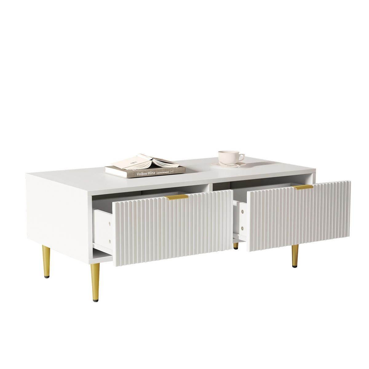 COUCHTISCH 100/50/40 cm Weiß/Gold aus MDF mit 2 Schubladen - Weiß, Holzwerkstoff (100/50/40cm) - OKWISH
