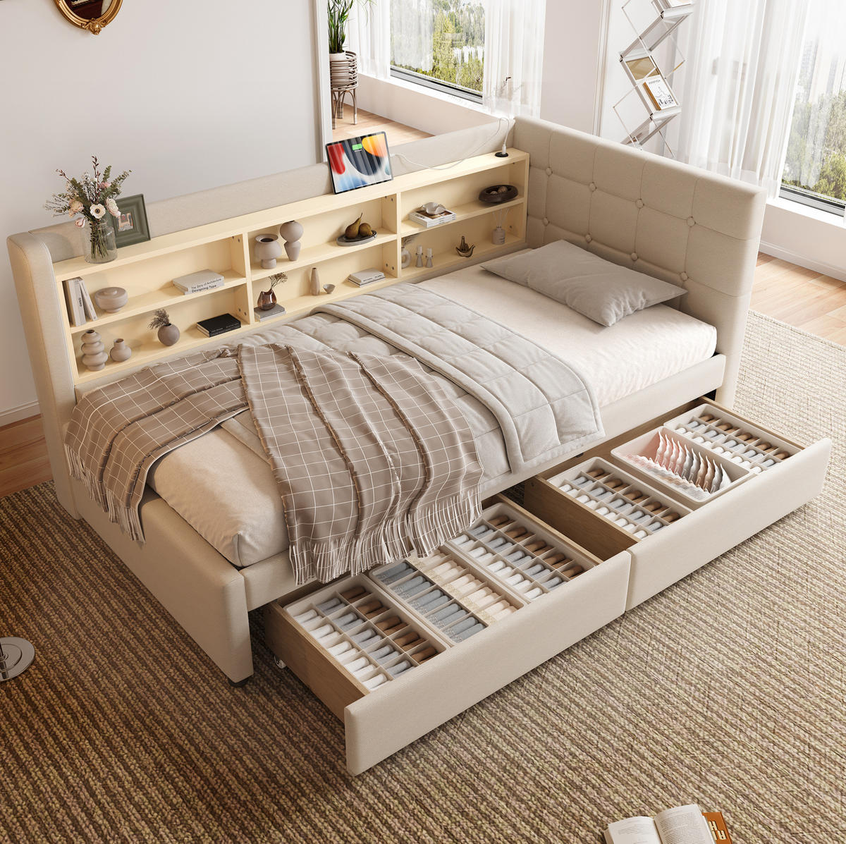POLSTERBETT 90/200 cm Beige aus Leinen mit 2 Schubladen - Beige, Textil (90/200cm) - OKMYHOME