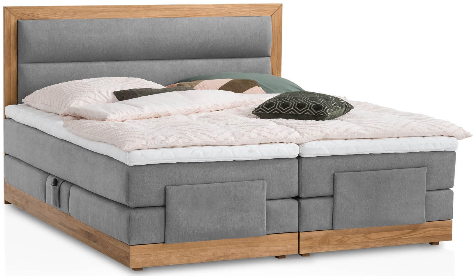 BOXSPRINGBETT ELEKTRISCH VERSTELLBAR MODELA 160x200 Hellgrau H2 und H3 Motorbett in Eiche mit 7-Zonen Taschenfederkern Matratze inkl. Visco Topper - Hellgrau, Textil (160/200cm) - Belanoti