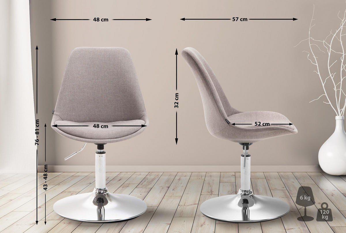 DREHSTUHL Stoff grau - Chromfarben/Grau, Textil/Metall (48/76/57cm) - CLP