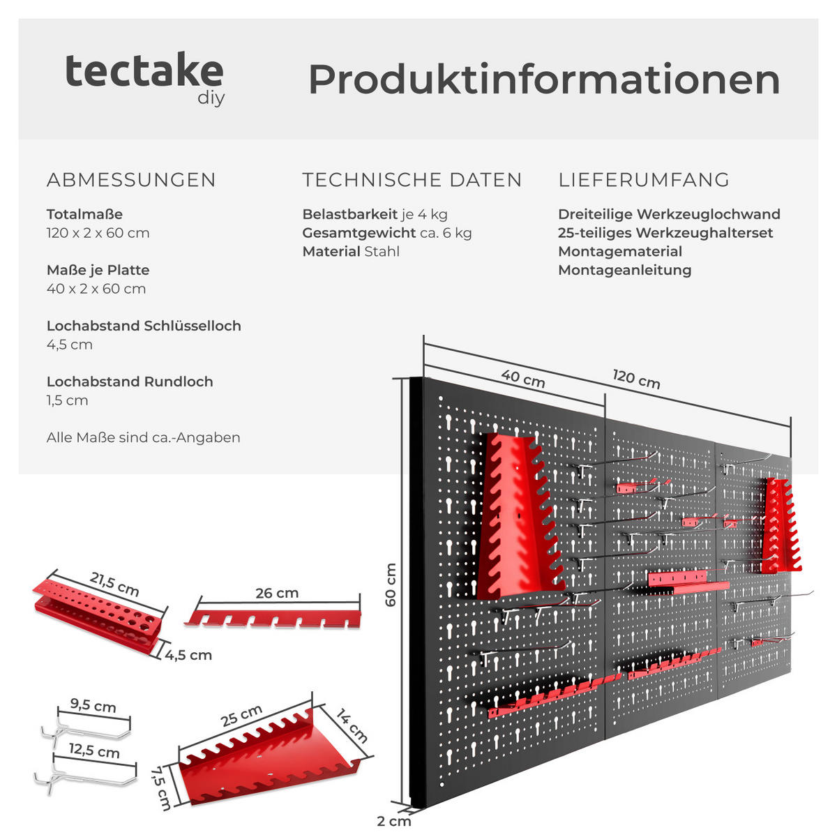 WERKZEUGLOCHWAND ,120 x 3 x 60 cm,schwarz/rot - Rot/Schwarz, Metall (120/60/2cm) - tectake