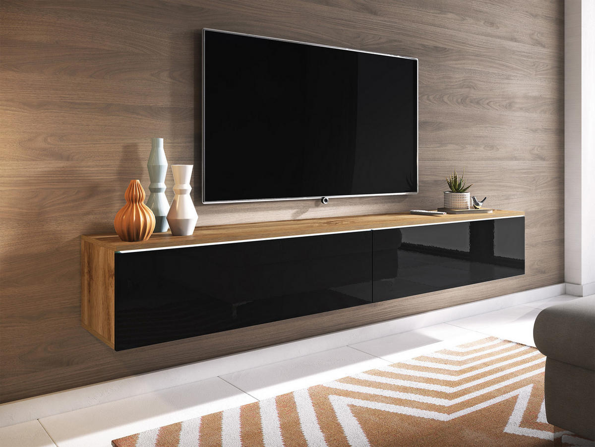 TV-LOWBOARD D180 mit weißer LED Beleuchtung - Schwarz Hochglanz/Silberfarben, Holzwerkstoff/Kunststoff (180/30/33cm) - MIRJAN24