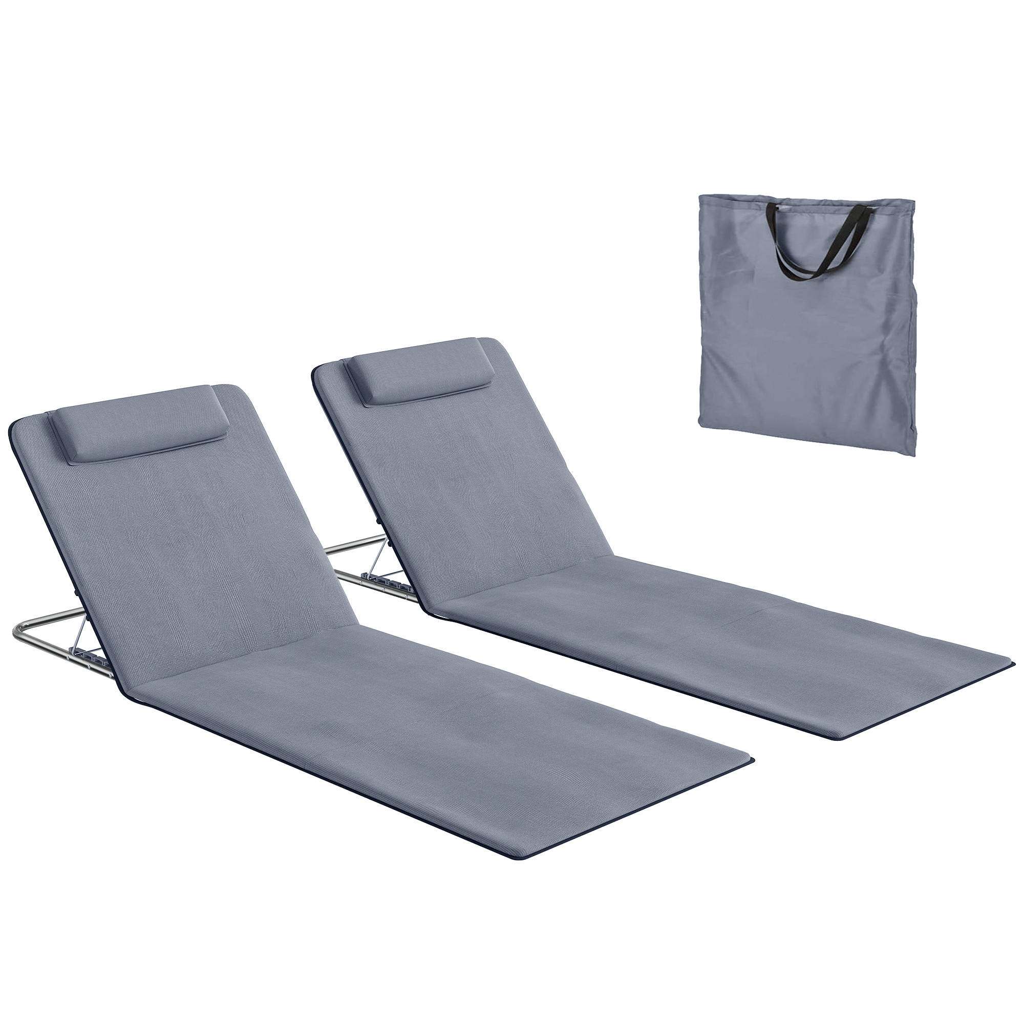 SONNENLIEGE 2er-Set Isomatten mit verstellbarer Rückenlehne Kopfstütze und Tragetasche 134 x 48 x 33–43 cm ,Grau - Grau, Metall (48/43/134cm) - Vallsero