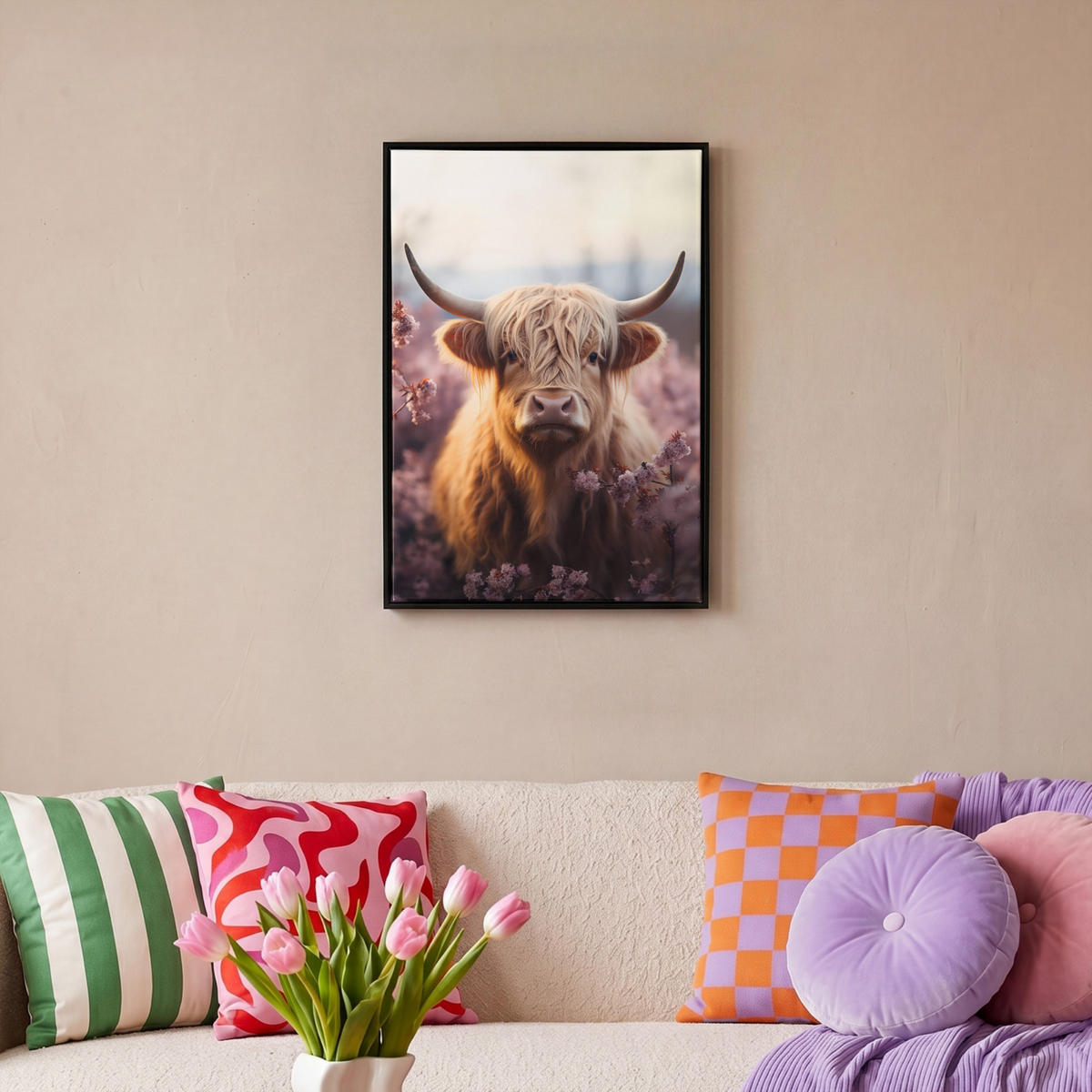 LEINWAND Bilder mit Rahmen - Schottischer Hochländer - Frühling - Hochland - 40x60 - Hellrosa, Textil (40/60cm) - MuchoWow
